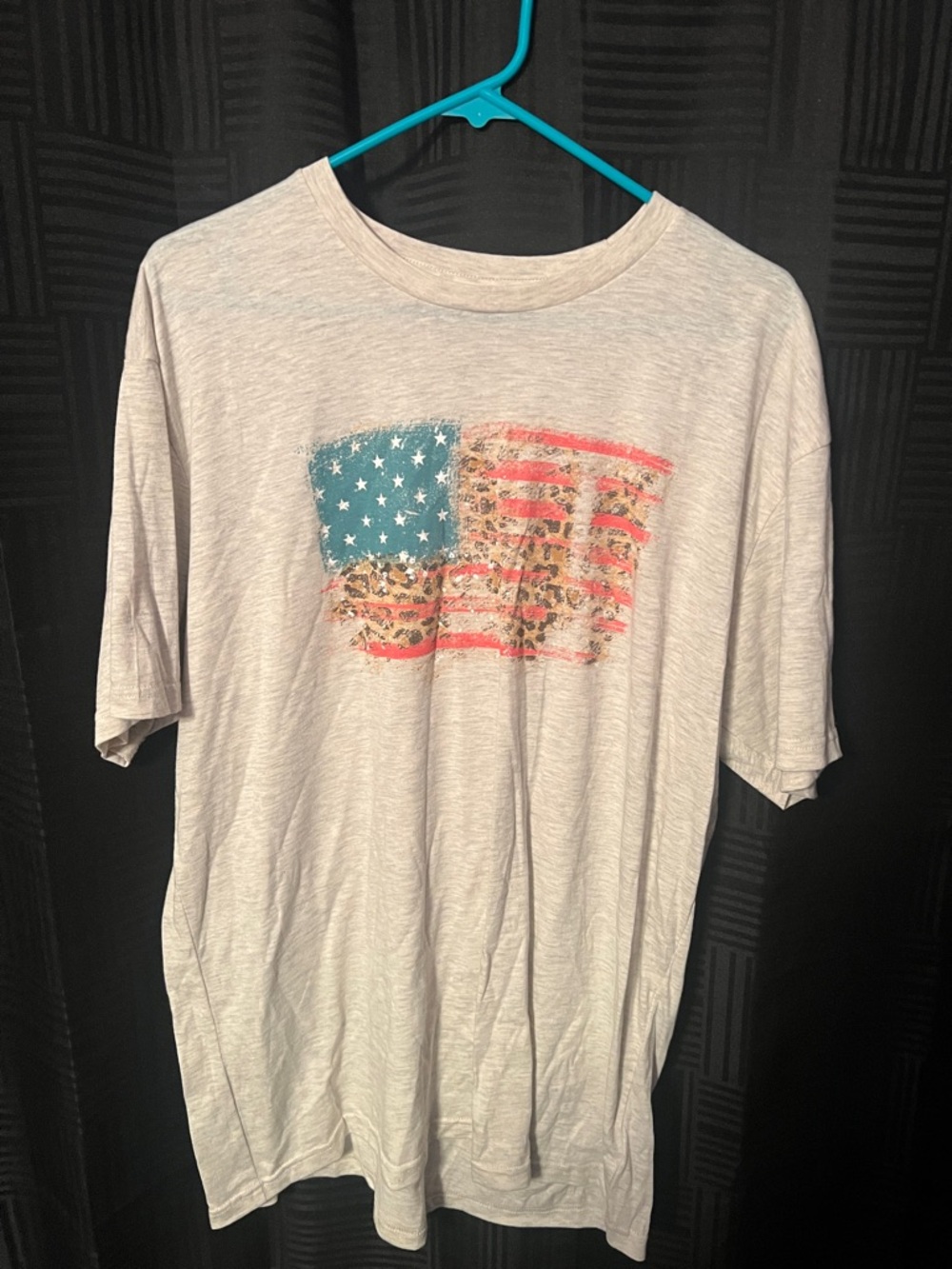 Womens Short Sleeve Tee with Distressed American Flag Graphic - Light Gray